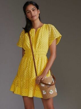 Anthropologie Somerset Yellow Eyelet Mini Dress 1X Smocked Waist Flutter Sleeve